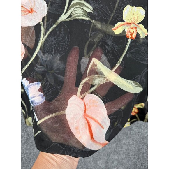 NEW White House Black Market Black Floral Blouse MED Sheer Lined Balloon Sleeve - Picture 9 of 13